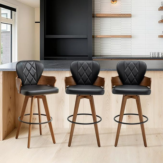 26.7” Swivel Bar Stools Set of 3,Black Faux Leather Counter Height Stools with Armrest and Fishtail-Shaped Back,Mid Century Modern Barstools,Walnut Bar Chair for Kitchen Island or Home Bar