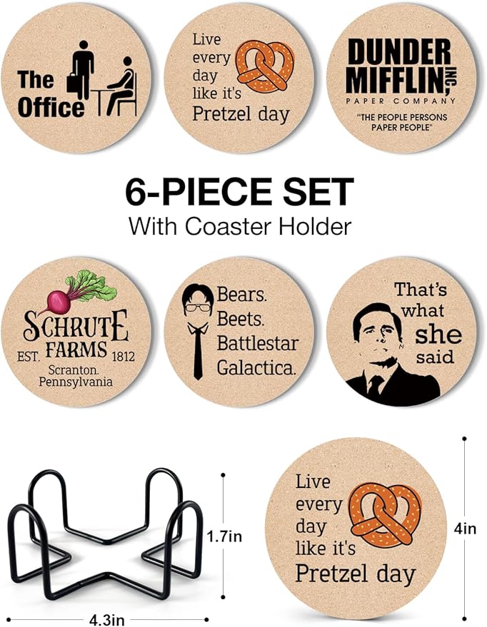 Funny The Office Coasters for Drinks - The Office Merchandise Coasters Set of 6 with Holder, The Office TV Show Gifts for Coffee Table, The Office Gifts for Man Women Fans