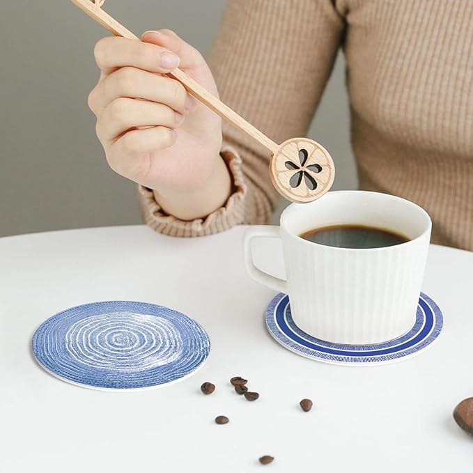 Blue Watercolor Ceramics Coasters Set of 6 Coasters for Drinks Absorbent Double-Sided Leather PVC Coaster for Tabletop Protection Coffee Table Decor Ideal for Home Decor House Warming Gifts