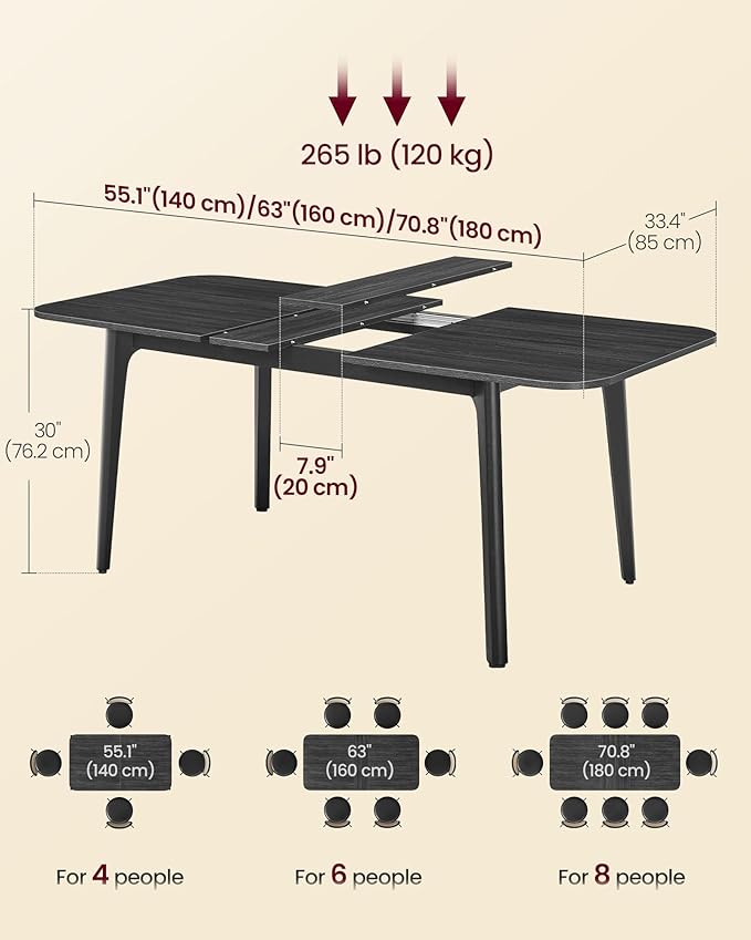 VASAGLE Dining Table for 4/6/8, Extendable Kitchen Table with Tapered Legs, Curved Transitions, for Dining Room, Kitchen, Home Office, Charcoal Gray UKDT090B01V1