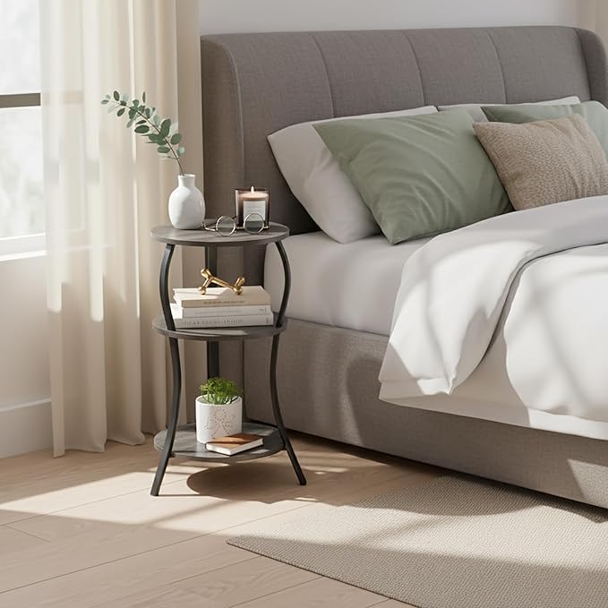 Vintage Small Round Side Table, 3-Tier Slim Waist Circular End Table with Storage Shelf, Compact Tea Sofa Side Table, Round Corner Coffee Table Nightstand for Living Room Bedroom Small Spaces,Grey