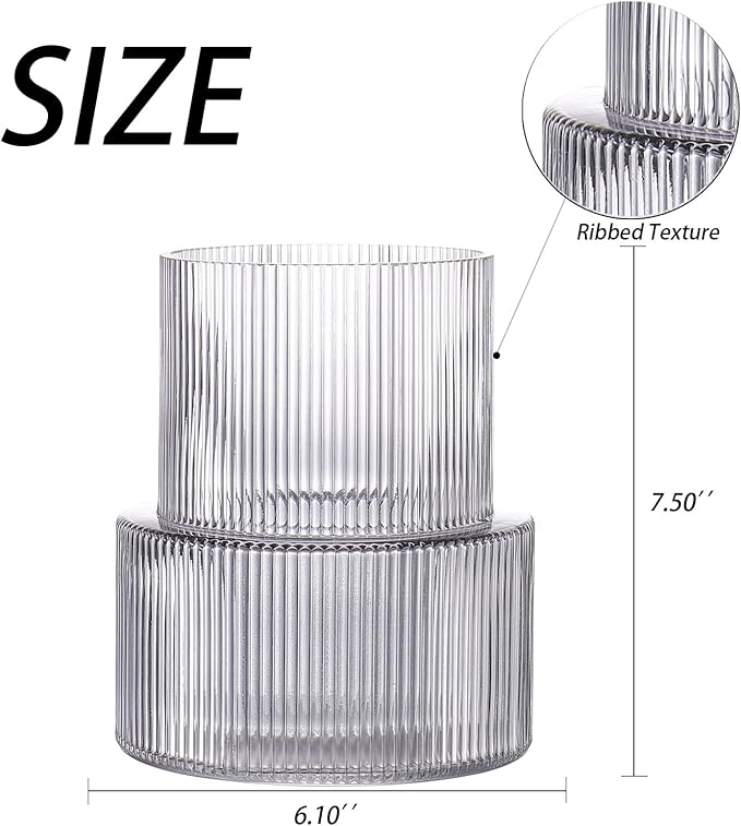 Black Glass Vase, Ribbed Glass Vase for Tulips, Flower Vases for Bouquet, Black Modern Vases for Living Room, Dining Table, Entryway, Mantle, Shelf, Wedding, Office, 7.5 Inches