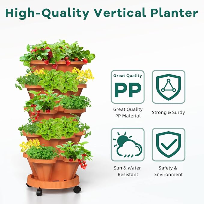 Strawberry Vertical Planters, 3 Tiered Stacking Tower Garden, Stackable Herb Vegetable Planters with Movable Casters and Bottom Saucer Indoor and Outdoor