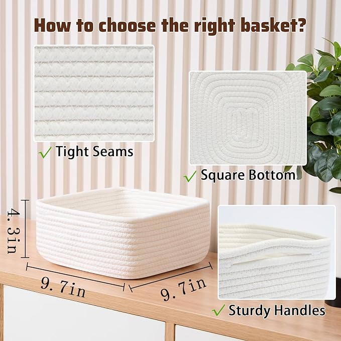 Small Square Shallow Baskets for Organizing, 9.7x9.7x4.3 Inch Rope Woven Storage Bins for Cubes Closet, Shelves Storage, Boho Decorative Basket, 2 Packs Off White