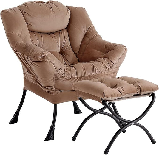 LITA Velvet Dark Brown Contemporary Accent Leisure Upholstered Sofa Chair with Ottoman, Modern Lounge Reading Chair for Living Room, Bedroom & Small Space