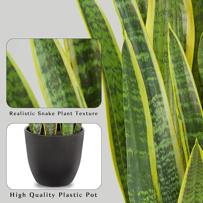 Hollyone 2 Set Artificial Snake Plant Potted, 28 Inch Faux Sansevieria Trifasciata Plants Large Tall Tropical Fake Snake Plants Tree in Black Pot for Home Office Room Patio Garden Indoor Outdoor Decor