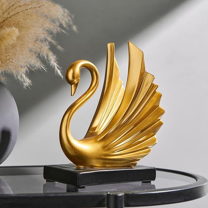 FJS Modern Gold Statue Swan Decor for Living Room, 7.08" H Luxury Sculptures Home Décor Accents for Entryway TV Stand Coffee Table Ceterpiece, Resin Decorations for Dining Room Bedroom Office (Small)