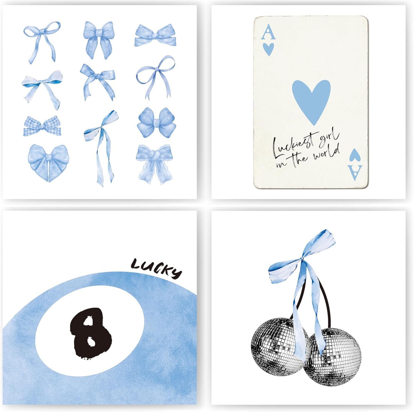 okaxscm Light Blue Coquette Trendy Preppy Wall Art Prints Set of 4, Coquette Preppy Room Decor, Blue Bow Disco 8 Ball Cherry Wall Decor Posters for Girls Bedroom Dorm, 10x10 Unframed