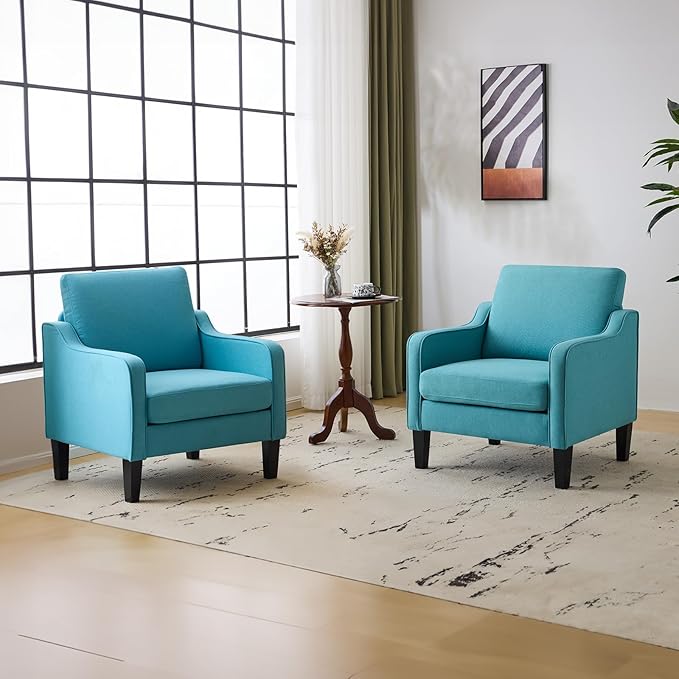 VINGLI Accent Chairs Set of 2 Living Room Chairs Teal Blue Reading Chair for Bedroom Scooped Arm Chair Mid Century Modern Accent Chairs Upholstered Comfy Chair for Apartment, Waiting Room