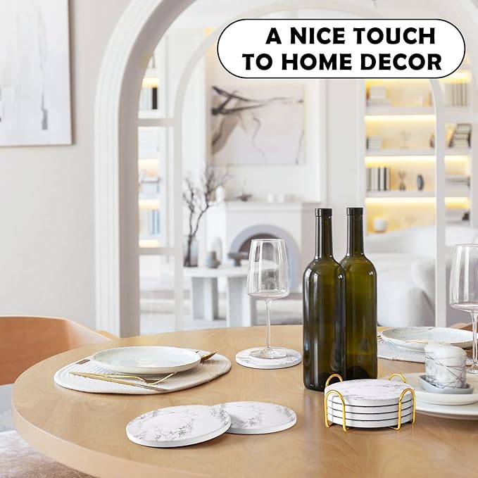 GOH DODD Coasters for Drinks Set of 4, Absorbent Marble Style Ceramic Coaster Tabletop Protection Home Decor with Metal Holder for Coffee Table Housewarming Gifts Wedding Party, White, Round, 4 Inch