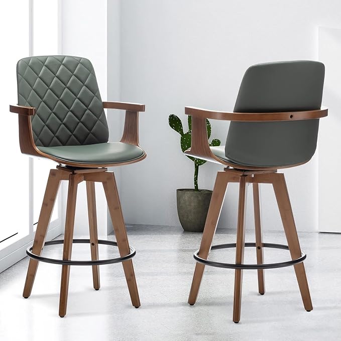 Bar Stools Set of 2, Upholstered Faux Leather Counter Height Bar Stools, Swivel Barstools with Wooden Arms and Legs (Green, 30" Seat Height)