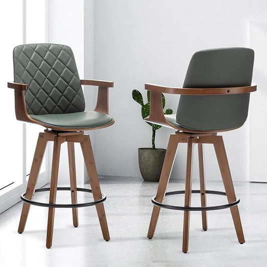 Bar Stools Set of 2, Upholstered Faux Leather Counter Height Bar Stools, Swivel Barstools with Wooden Arms and Legs (Green, 30" Seat Height)