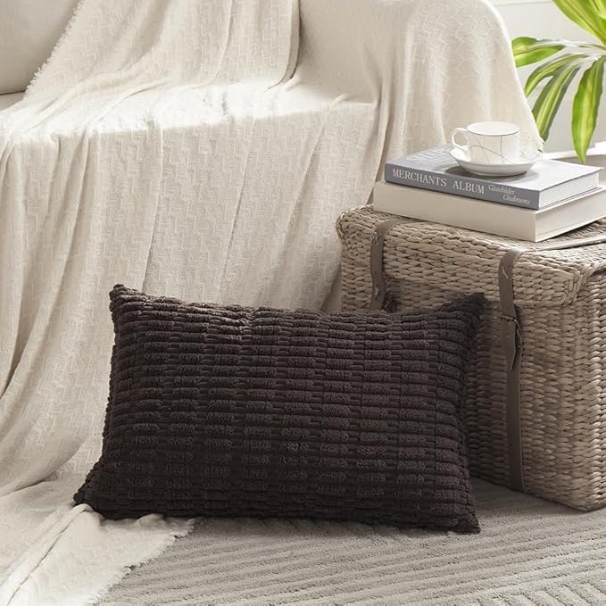 Fancy Homi 2 Packs Dark Brown Decorative Throw Pillow Covers 14x24 Inch for Living Room Couch Bed Sofa, Rustic Farmhouse Boho Home Decor, Soft Striped Corduroy Square Cushion Case 35x60 cm