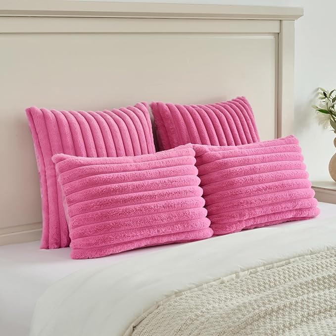 FUTEI Hot Pink Striped Decorative Throw Pillow Covers 20x20 Inch Set of 2,Square Fall Decorations Couch Pillow Case,Soft Cozy Faux Rabbit Fur & Velvet Back,Modern Home Decor for Bed