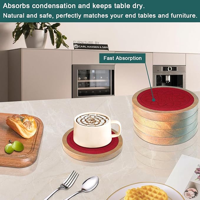 5 Pack Wood Coasters for Drinks, Minacun Absorbent Coaster Set, Drinks Coasters for Coffee Tabletop Protection, Non-Slip, Non-Stick, Suitable for Kinds of Cups Wooden Table Drink, 4.3 Inch Red