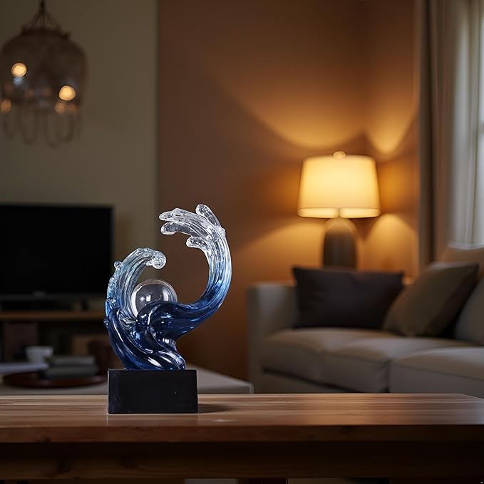 Modern Abstract Decorative Wave Statue, Gold Abstract Art Home Decor,Crystal Ball Art Wave Resin Sculpture, Office Desk Stand, Dining Table Center Decorative Aesthetics (Blue)