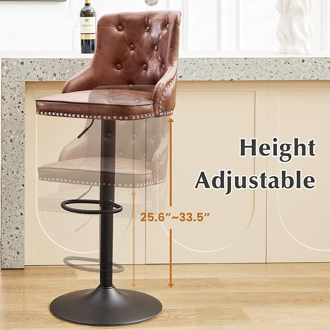 Modern Counter Stools Set of 2, Swivel Counter Height Bar Stools with Back and Armrests, 25'' to 33'' Adjustable Height PU Leather Bar Chairs with Rivets for Kitchen Island, Light Brown