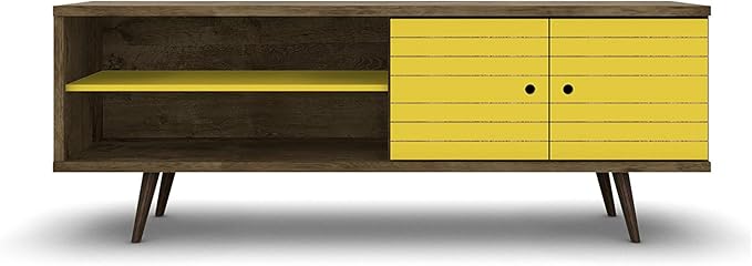 Manhattan Comfort Liberty Mid Century Modern TV Stand for Televisions up to 60 Inches, Bedroom and Living Room Entertainment Center with Storage, Shelves, and Cabinet, 63" Wide, Rustic Brown/Yellow
