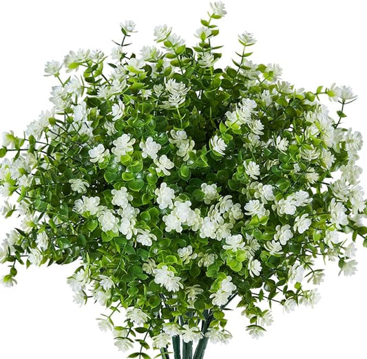 24PCS Artificial Eucalyptus Plants,Fake Boxwood Shrubs UV Resistant No Fade Faux Plastic Greenery for Wedding Bridal Bouquet Indoor Outdoor Home Garden Kitchen Office Table Vase(Milk Green)