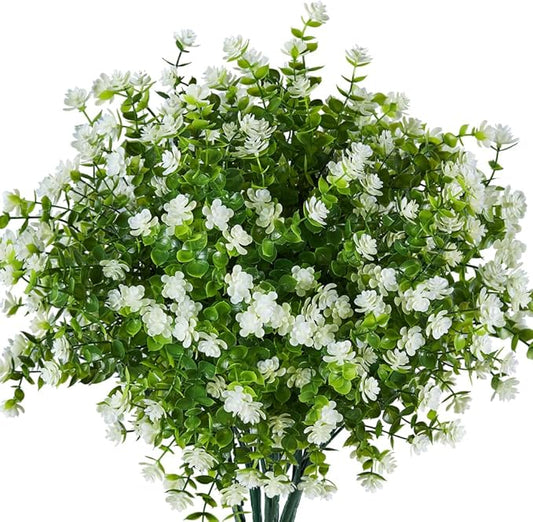 6PCS Artificial Eucalyptus Plants,Fake Boxwood Shrubs UV Resistant No Fade Faux Plastic Greenery for Wedding Bridal Bouquet Indoor Outdoor Home Garden Kitchen Office Table Vase(Milk Green)