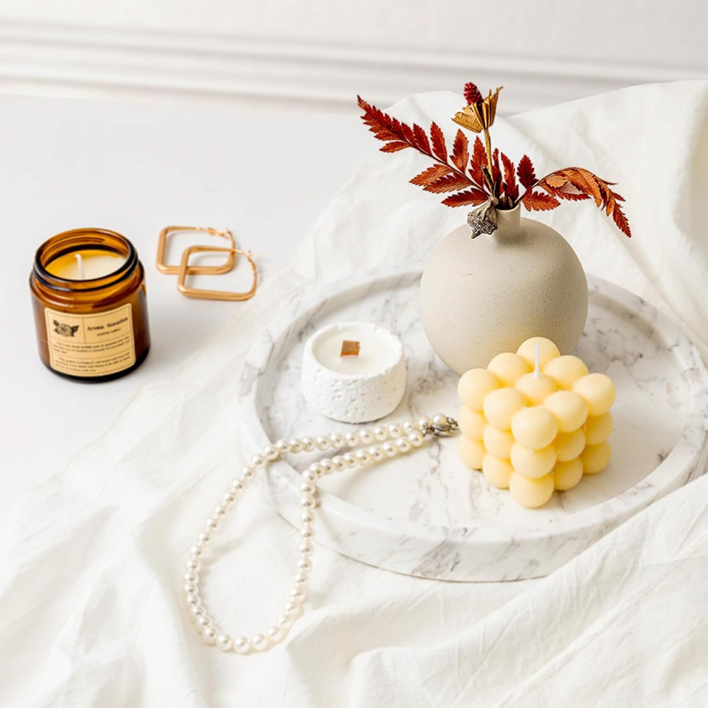 WORHE Natural Marble Decorative Tray for Bathroom Bedroom Kitchen Dresser, Round Vanity Trays for Jewelry, Perfume, Cosmetic, Candle, Countertop Storage Organizer for Home Decor Color White (TP601)