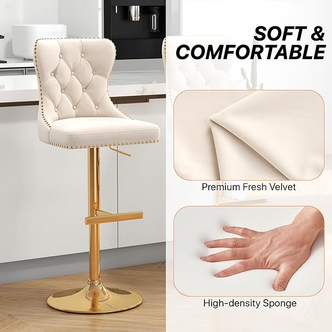 Bar Stools Set of 2, Velvet Swivel Counter Height Stools with Tufted Back, Adjustable Seat with Nailheads Trim, Upholstered Bar Chairs with Gold Base for Kitchen Island, Pub, Beige