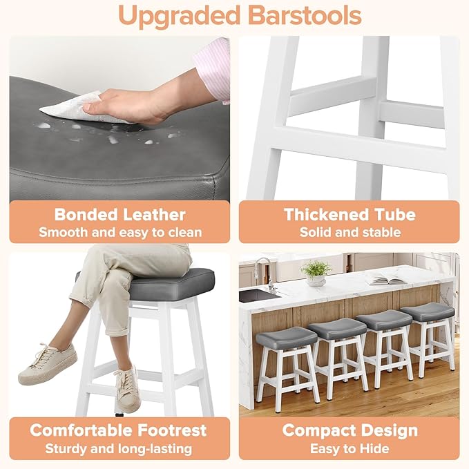 Counter Height Bar Stools Set of 3, 24 Inch Barstools for Kitchen Counter, Kitchen Stools with Bonded Leather Saddle Seats & Heavy Duty Metal Legs, Easy Assembly, Gray/White