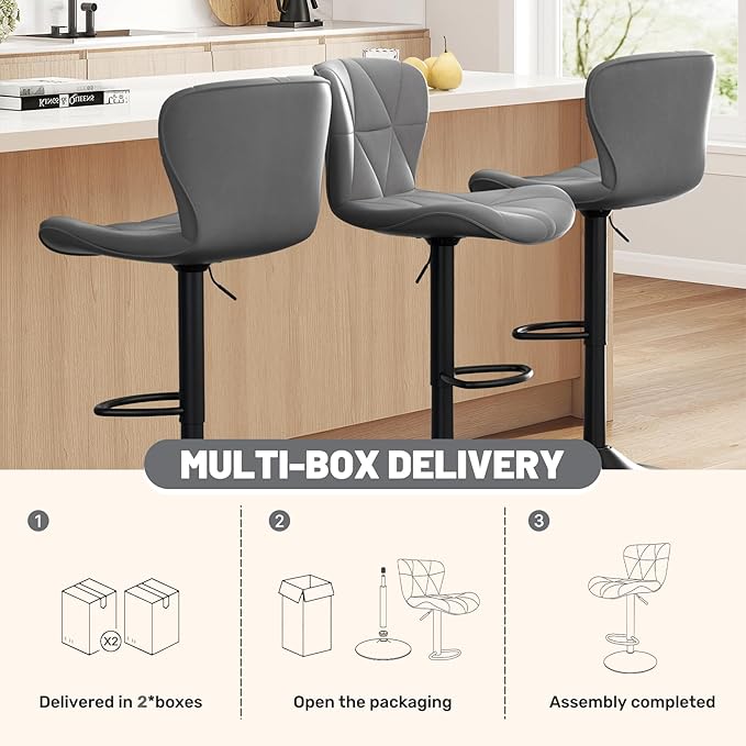 Bar Stools Set of 3,Adjustable Swivel Barstools, Faux Leather Bar Chairs,Upholstered Counter Height with High Backrest for Kitchen Island, Dark Grey