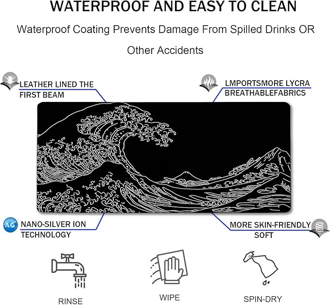 Japanese Sea Wave Mouse Pad for Gaming, Large Mouse Pad Extended (31.5X 15.75 INCH) Non-Slip Rubber Base & Stitched Edge for Computers Laptop Home Office Accessories