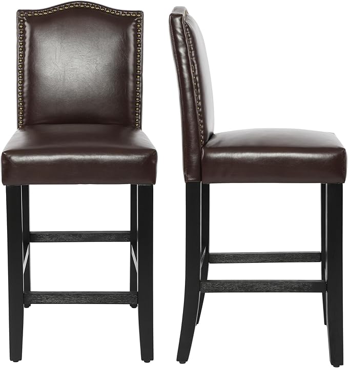 LSSPAID Counter Height Bar Stools Set of 2, 24.8 Inch Pu Upholstered Barstools, Kitchen Island Chairs with Bronze Nail Backrest and Solid Wood Legs for Kitchen Pub Home Cafe, Brown