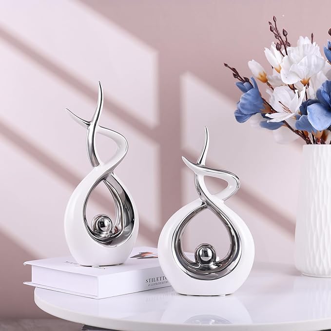 Silvery Modern Sculpture Table Decorations, Ceramic Knick Knacks Statues for Living Room Decor, Tv Stand and Desk Decor, Suitable for Coffee Tables and Shelf Decorations, Great Gift Idea