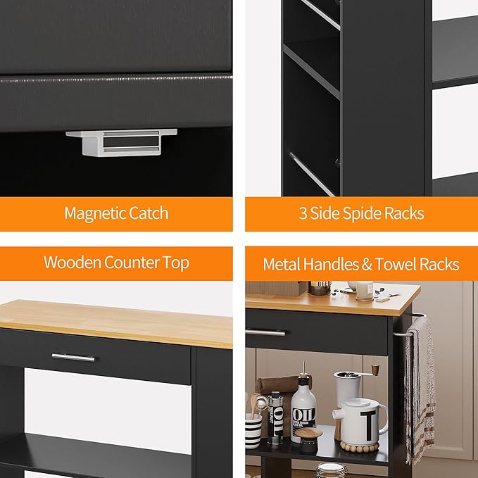 Shintenchi Kitchen Island on Wheels with Storage, Wheeled Island & Cart with 3-Tier Spice Rack, 3 Open Shelves and 1 Drawer, Black