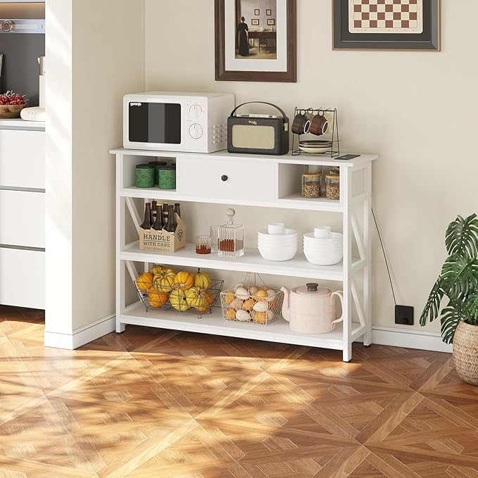 Mexin 39 Inch Console Table with 2 Outlet and 2 USB Ports, Entryway Table with Drawer and Storage Shelves, Narrow Sofa Table for Living Room and Hallway, White