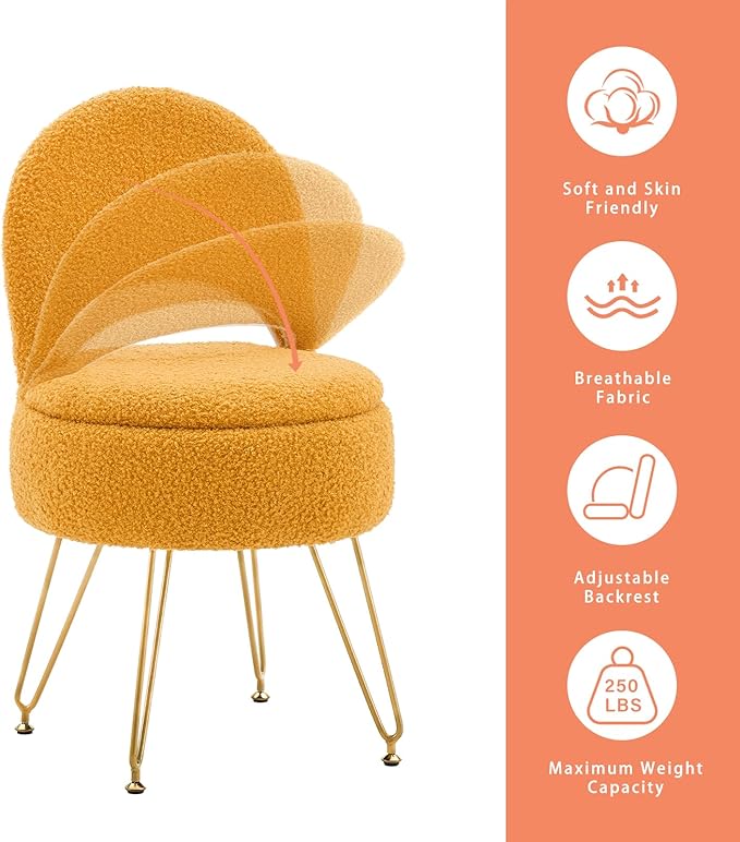 Storage Ottoman Vanity Stool Chair with Folding Back Teddy Velvet Makeup Chair Multifunctional Upholstered Footstool for Bathroom Vanity Bedroom Living Room Entryway