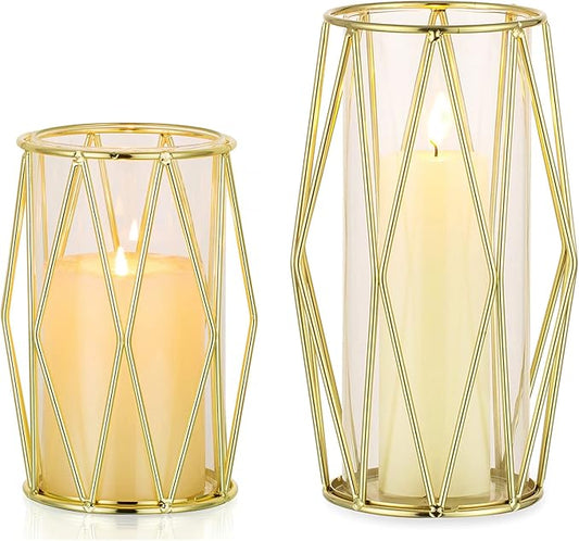Nuptio Candle Holders for Pillar Candles - Geometric Candleholders Gold Flower Vase with Hurricane Cylinder Glass Dual Uses for Wedding Birthday Party Table Living Room Centerpieces