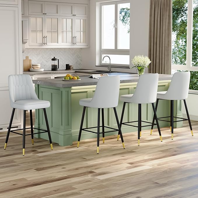 27" Bar Stools Set of 4 - Grey Counter Height Bar Stools Set of 4,Faux Leather Kitchen Island Stools with Sturdy Chrome Metal Leg,Counter Height Stools with Backs,Easy to Assemble