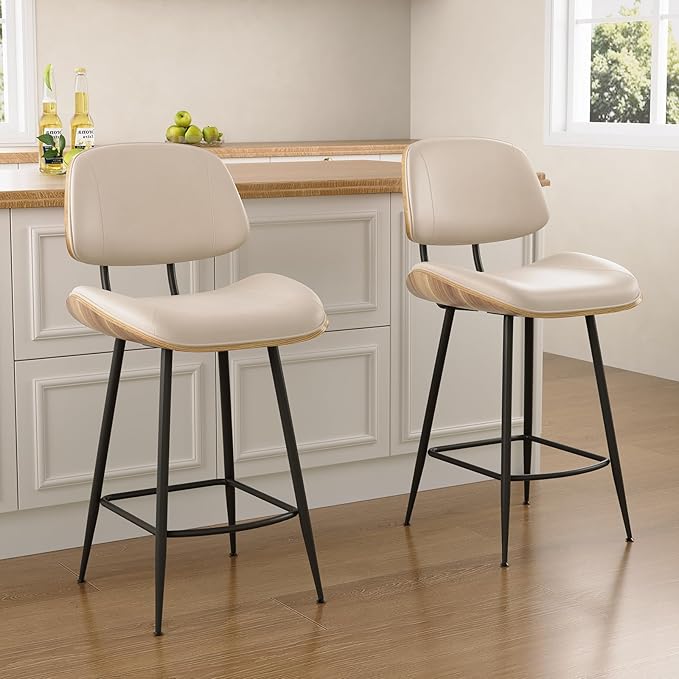 Mid Century Modern Bar Stools Set of 2, PU Leather Counter Height Stools with Walnut Bentwood Back & Metal Legs, 26.7" Barstools Kitchen Island Chairs with Footrest for Home Bars, Beige