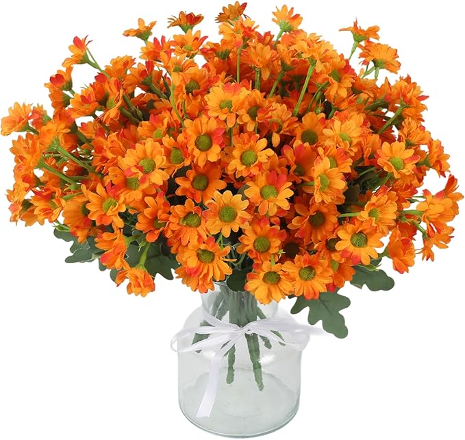 10 Bundles Artificial Mums Flowers for Fall Outdoors Planters Orange Artificial Daisy Flowers Fake Fall Mums UV Resistant Faux Silk Flowers for Home Indoor Decor Thanksgiving Window Box