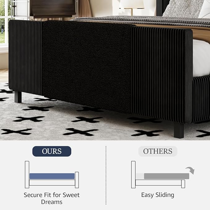 Queen Size Bed Frame with Tall Headboard and Footboard, Boucle and Corduroy Upholstered Bed Frame Queen with LED Lights, Modern Platform Bed Frames, Noiseless, Easy Assembly, Black