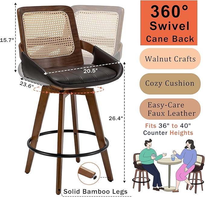 Set of 4 Bar Stools Counter Height - 26.4 inch Swivel Walnut Counter Stools with Cane Back, Upholstered Seat, Curved Arms, Rattan Counter Stools for Island/Pub/Kitchen/Cafe (26" Seat Height, Brown)