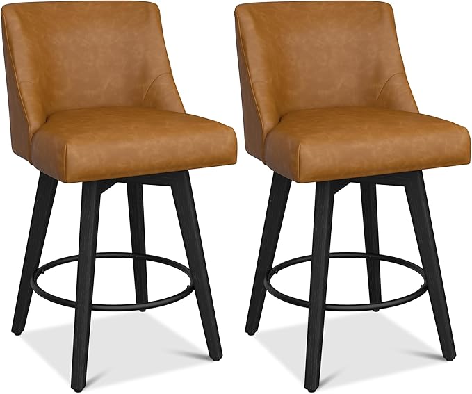 Counter Height Bar Stools Set of 3, Modern Swivel Barstools with Back and Wood Legs, Faux Leather Upholstered Bar Chairs, 26" H Kitchen Counter Stools, Kitchen Island Home Bar, Whisky Brown