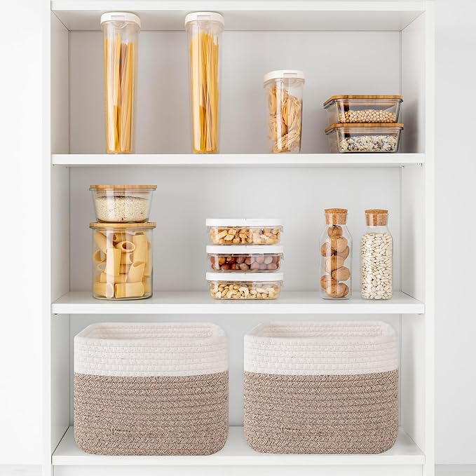 OIAHOMY 9”x9”x7” Storage Cubes, Cotton Rope Woven Baskets for Organizing, Cube Storage Bin, Small Gift Basket for Shelf, 3-Pack, Brown&White