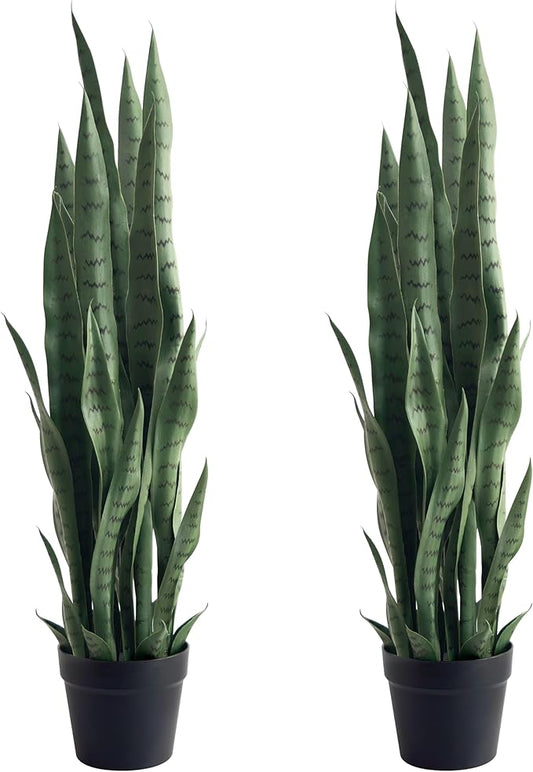 Fake Snake Plant 3ft Tall Faux Sansevieria with 24 Realistic Leaves UV Resistant Potted 2 Pack Fake Mother in Law's Tongue Plants for Indoor Outdoor Home Office Bedroom or Patio Decoration