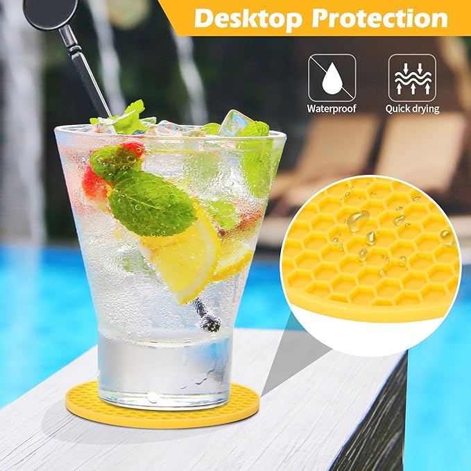 Coasters Set of 6 with Holder,Coasters for Drinks,Coffee Table Decor Coaster,Suitable for Kinds Cups,Anti-Slip,Non-Stick,Silicone Cup Coaster and Living Room Decor (6 Pcs, Yellow)