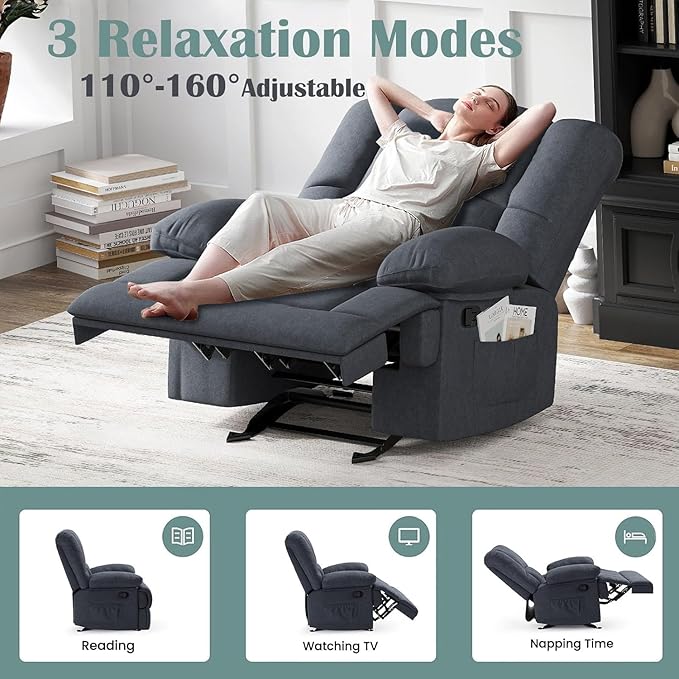 Oversized Rocker Recliner Chair, Wide Rocker Chair with Adjustable Backrest Footrest, Oversized Recliner for Adults, Reclining Sofa for Living Room, Solid Back