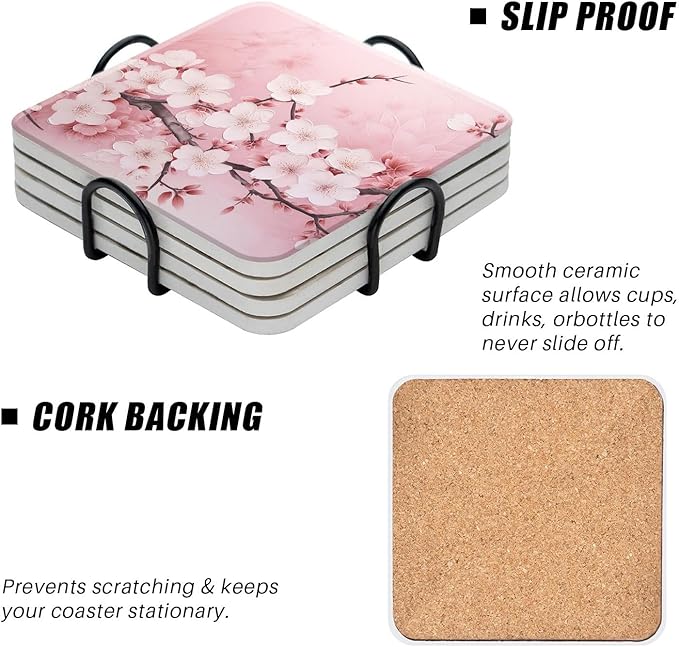 Ceramic Drinking Coasters Set of 4 Square Water Absorbent Blooming Pink Cherry Blossom Flowers Ceramic Coasters Tabletop Protection (Cork Base),Suitable for Various Mugs,Home Decor，4 Inch