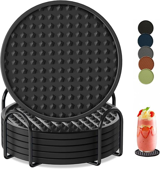 Coasters for Drinks 6 Pack Drink Coaster with Holder,Heat Resistant Silicone Cup Mat Tabletop Protection,Non-Slip Rubber Coasters for Kinds of Cups (Black)