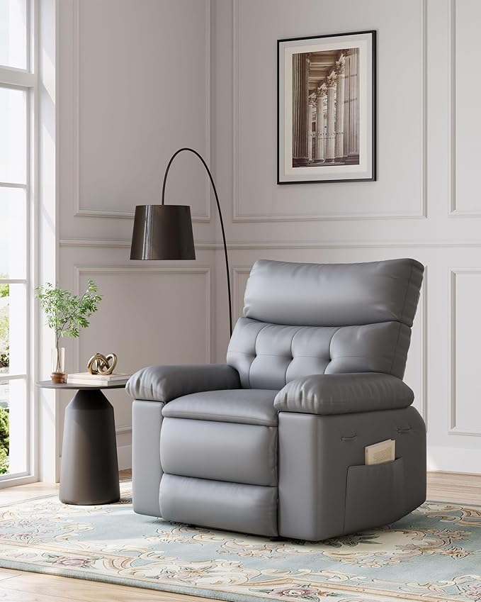 Garvee Manual Recliner PU Leather Living Room Chair Adjustable Reclining Chair Oversized Home Theater with Massage & Heat - Gray