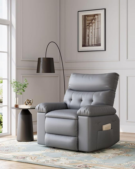 Garvee Manual Recliner PU Leather Living Room Chair Adjustable Reclining Chair Oversized Home Theater with Massage & Heat - Gray