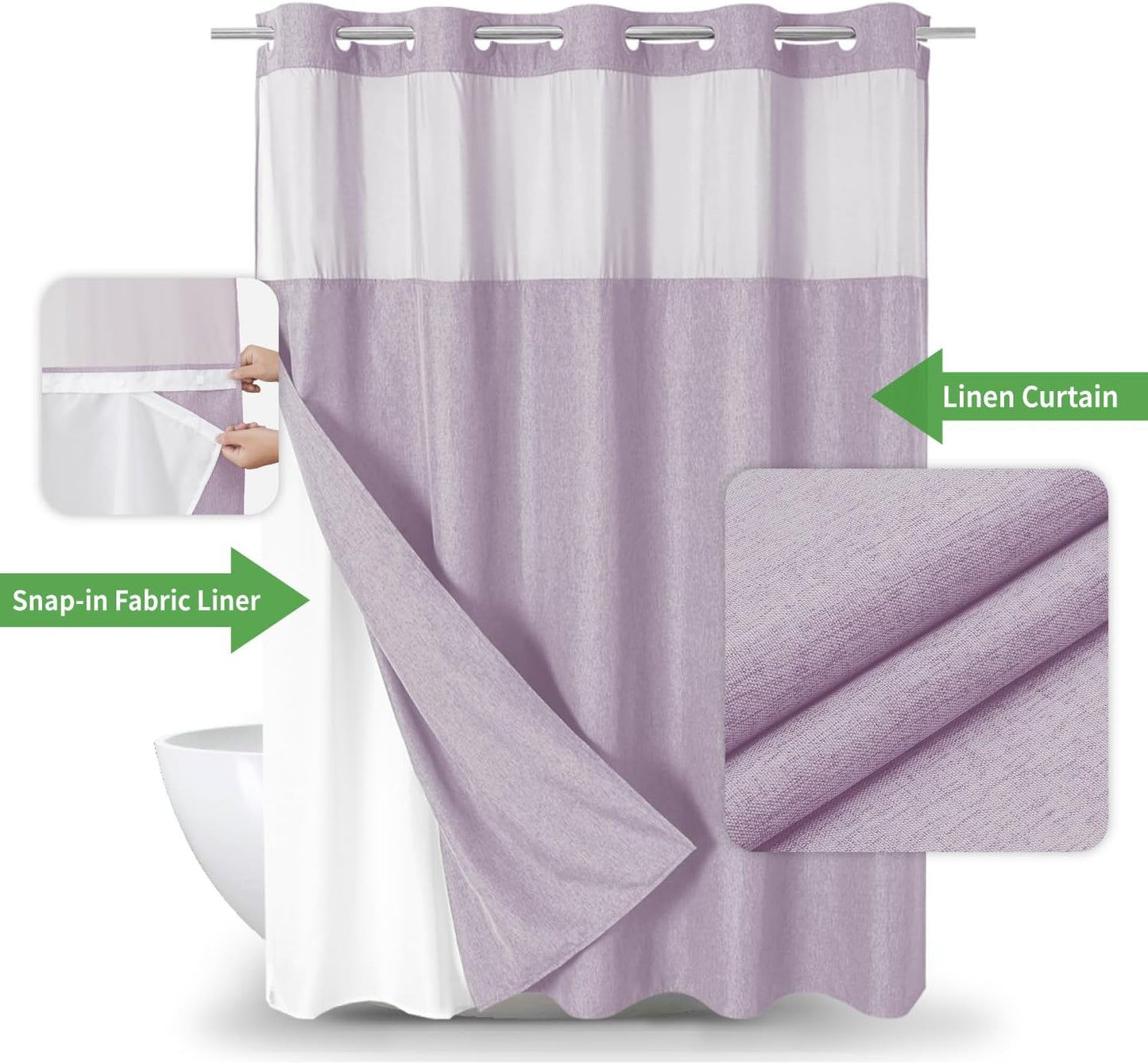 Long No Hooks Needed Linen Textured Shower Curtain with Snap-in Fabric Liner Set,Hotel Luxury Decor Shower Curtains for Bathroom,Waterproof & Washable,71Wx80H,Lavender